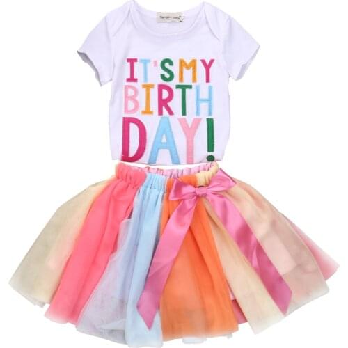 Pudcoco Toddler Baby Girl Princess Birthday Clothes Letters T-Shirt Rainbow Lace Wedding Dress Party Children Clothing Set