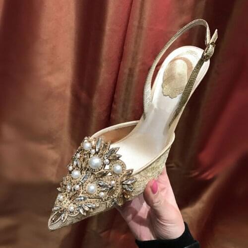 Romantic Lace Pearl Rhinestone Back Strap Sandals Pointed Toe Thin Heels Wedding Shoes Woman Bling Crystal Party High Heels