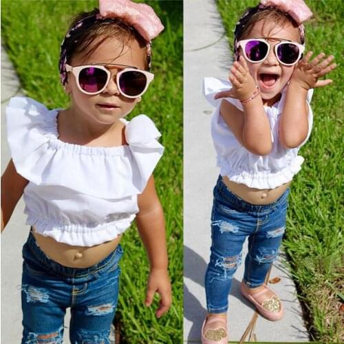 Retail New 2017 Kids Girl Fashion Summer Clothing Set White Shoulder T-shirt + Hole Jeans Pants Suit Children Girls Clothes