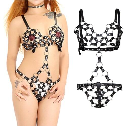 Sexy Leather Underwear Women Set Hollow Sexy Lingerie Fashion Ladies Lenceria Sensual Mujer Bra Brief Sets One Piece See Through