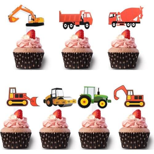 7pcs Happy Birthday Cake Topper Construction Truck Excavator Theme Cupcake Baby Shower Dessert Childrens Day Party Table Decor
