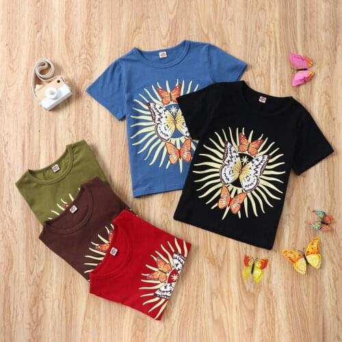 Unisex Kids Summer Clothes Fashion Clothes Cotton Children Clothes Butterfly Pattern Short Sleeve T-shirts Girls Clothes 5-10Y