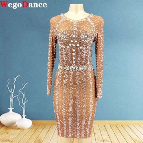 Bright Silver Rhinestones Long Sleeves Dress Sexy Stretch Transparent Costume Evening Celebrate Dresses Birthday Collections