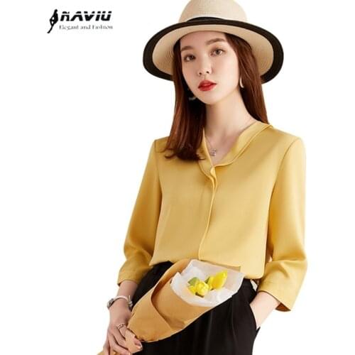 Naviu New Fashion V Neck Blouses 2021 Summer Half Sleeve Chiffon Shirt Women Tops Office Lady Style Formal Wear