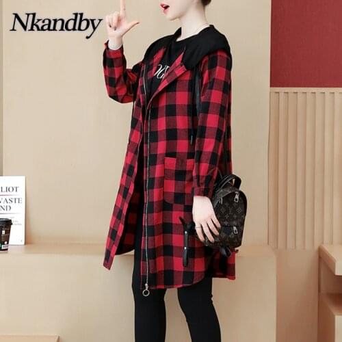 Plus Size Plaid Cotton And Linen Long Jacket Coats Women 2021 Spring Hooded Zipper Windbreak Oversize Trench Loose Outerwear