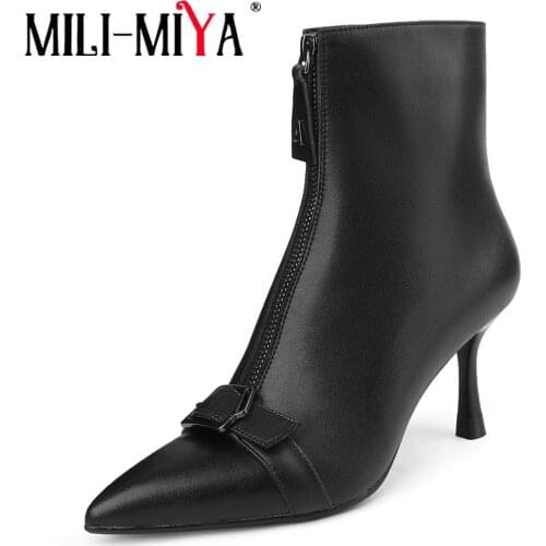 MILI-MIYA New Cow Leather Pointed Toe Ankle Boots Sexy Thin Heels Chic Design Concise Basic Clothing Dress Lady Wedding Shoes