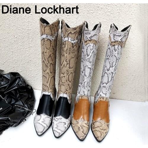 2019 Hot Women Snake Print Western Cowgirl Boots Female PU Leather Patchwork Cowboy Ankle Boot Woman High Heel Long Bota 38 41