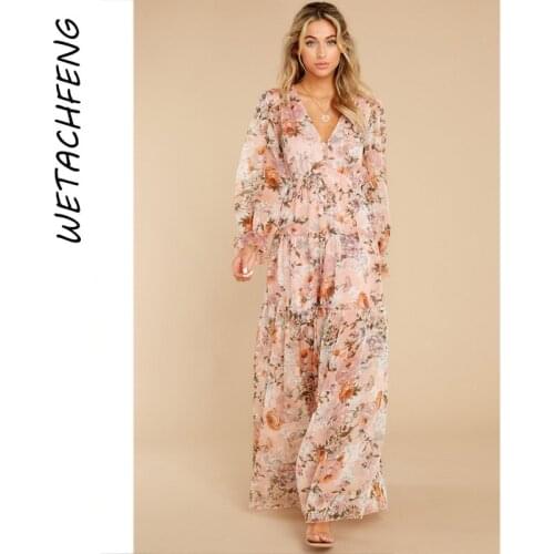 Sexy Long Dress Floral Print Deep V Neck Ruffles Spring Autumn Bohemian Beach Chiffon Ladies Cardigan Maxi Dress Women Clothes