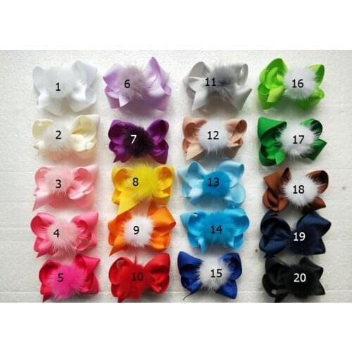 100pcs 3inch Solid Ribbon hair alligator clips bows with Fur Fur Pom Pom Girls pompon headwear Hairgrip hair Accessories GR119