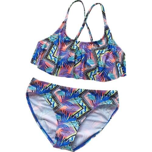 2021summer Girls Swimwear Sleeveless Kawaii Leaf Print Beach Split Swimsuit Bikini Set Outfits For 5-14y Купальник Детский #l12