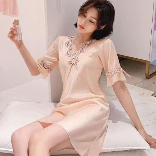 2022 Stain Sling Nightdress Women Sexy Lace Summer Solid Color Satin Silk Sleepwear Elegant Homewear Nightgown Nightwear Dress