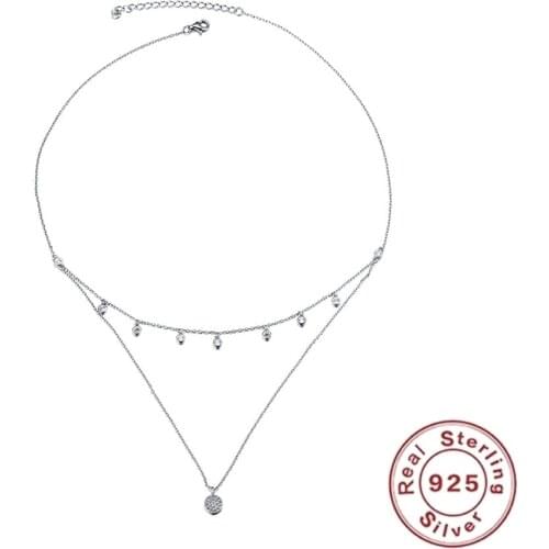 925 Sterling Silver CZ Multilayer Pendant Necklace for Women Geometric Minimalist Charm Choker Round Coin Neck Jewelry Accessory