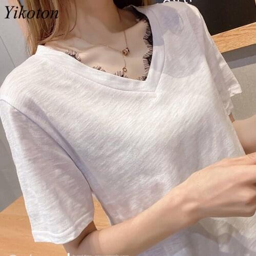 White Cotton Womens T-shirts V-neck Female Fashion Summer Women clothing Ladies Casual T-shirt Short Sleeve Tee Tops T shirt