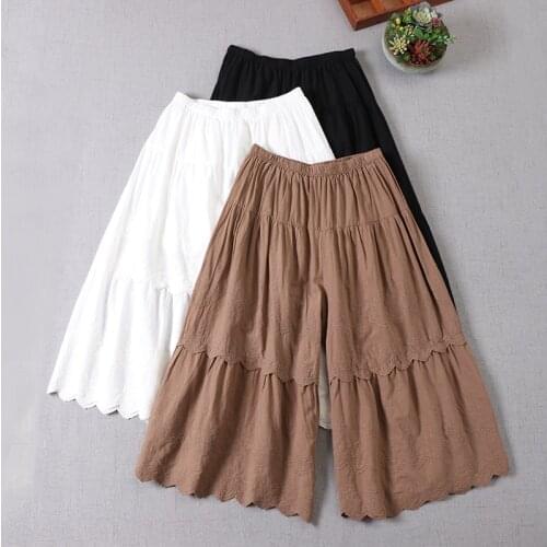 Japan Style Mori Girl Embroidery Wide Leg Pants New Spring Summer Loose Cotton Womens Cropped Pants