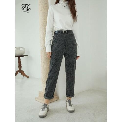 FANSILANEN Leopard print black straight jeans Women autumn winter casual high waist jeans boyfriend Female vintage denim pants