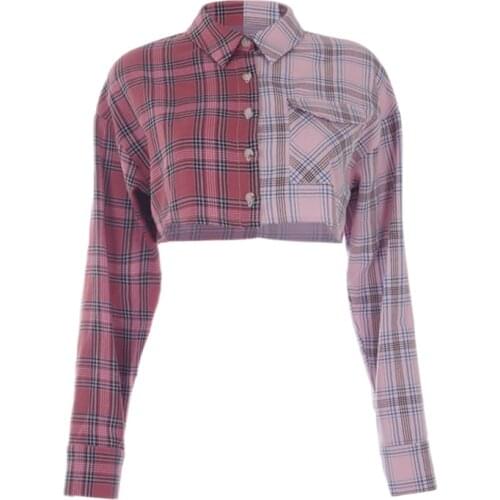 Womens PatchWork Long Sleeve Crop Top Fashion Single Breasted Woman Tops