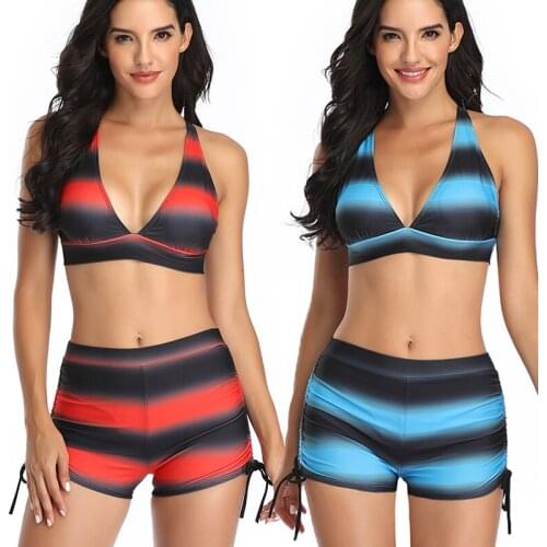 Hot Stripe Sexy Halter Bikini 2021 High Waisted Swimsuit Swimming Suit For Women Bathing Suit Swimwear With Shorts