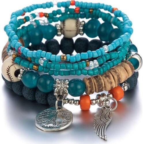 MIQIAO Silver Plated Multi Layer Boho Vintage Color Beads Charms Bangle Wrist Chain Band Bracelet for Women Wedding Gift Jewelry
