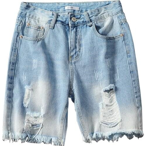 Men Fashion Ripped Short Jeans Distressed Denim Shorts for Man Plus Size M-5XL Washed Blue Destroyed Shorts with Holes
