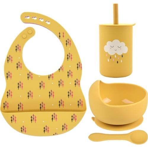 4Pcs/Set Silicone Baby Bibs Tableware Set Sippy Rainbow Print Cup Heat-resistant Waterproof Dishes for Kids Feeding Dinnerware
