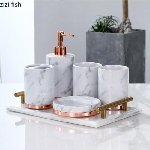 Marble Texture Bathroom Set Shower Gel Bottle Mouthwash Cup Toothbrush Holder Soap Dishes Storage Tray Ceramic Bath Supplies