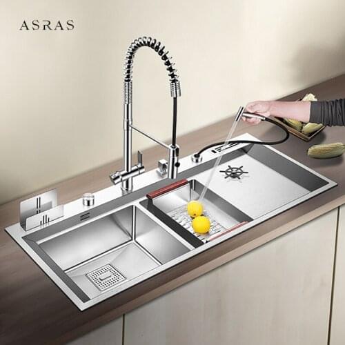 SUS 304 Stainless Steel Kitchen Cup Rinser Double Sink Handmade Brushed 4mm Thickness 220mm Depth Large Size Kitchen Sinks