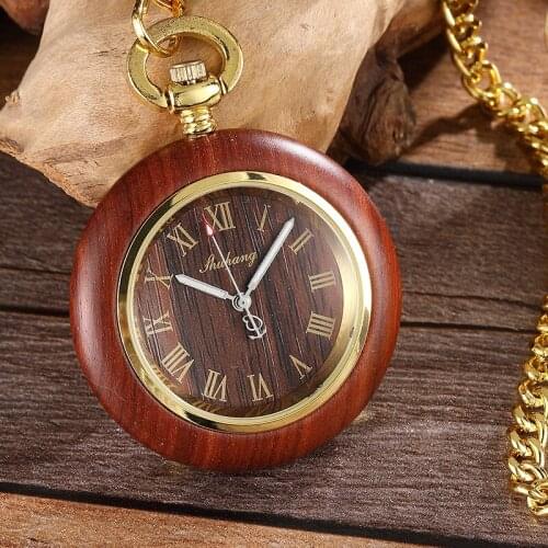 Luxury Vintage Wooden Case Dial Quartz Movement Pocket Watch Antique Roman Number Watch Men Pendant With Chain Gift