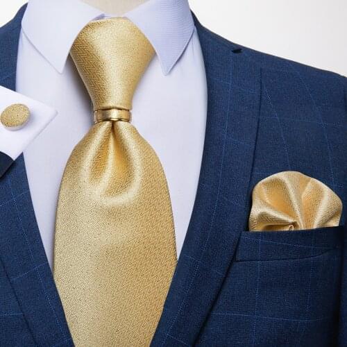 Luxury 8cm Yellow Solid Mens Ties 100% Silk Business Wedding Accessories Men Party Necketie Handkerchief Ring Set DiBanGu