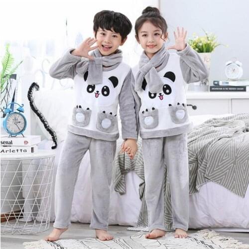 Warm Flannel Sleepwear Housewear Girls Boys Winter Children Fleece Pajamas 3-14yrs baby tops+trousers+scarf 3pcs suit Low Price
