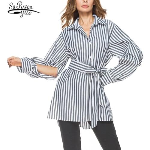 2021 Fashion Women Blouses Striped Long Sleeve Autumn Blouse Women Single-breasted with Belt Office Lady Style Shirts 10300