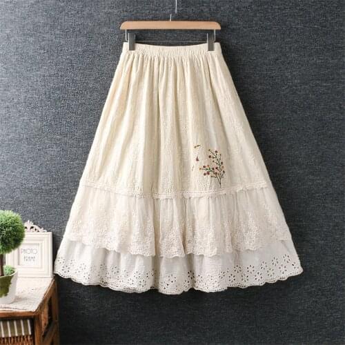 Autumn Mori Girl Fairy Skirt Cute Embroidery Lace Hollow out Embroidered A-line Skirt Women Summer