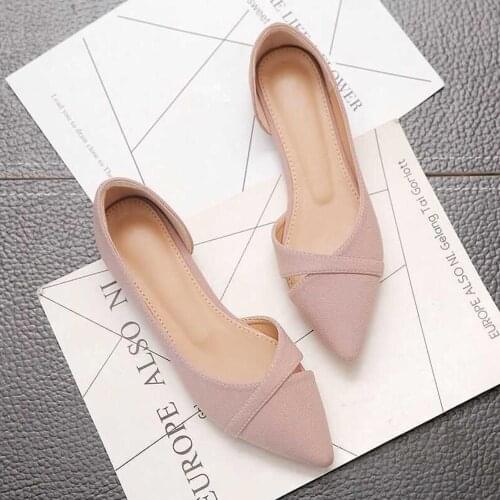 New Women Flats Pink Black Pure Color Plus Suede Leather Pointed Toe Office Lady Flat Heel Shoes