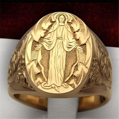 Virgin Mary Religion Rings For Women Men Vintage Fashion Yellow Gold Ring Elegant Unisex Jewelry Antique Carving Finger Bands
