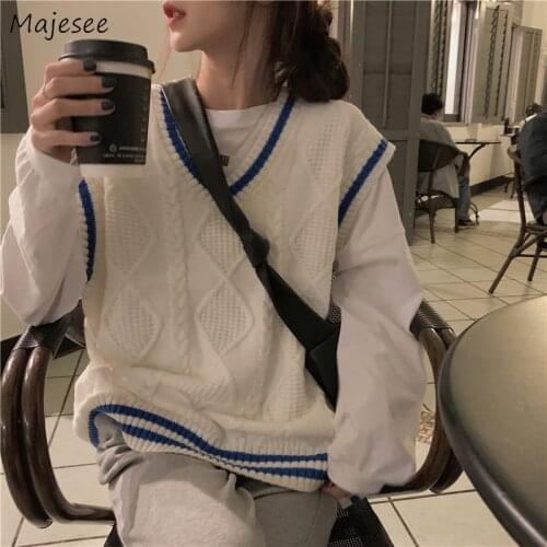 Women Sweaters Vest V-neck Loose Sleeveless Preppy Style Patchwork Students Casual Korea Style Chic Vintage Knitted Autumn Ins