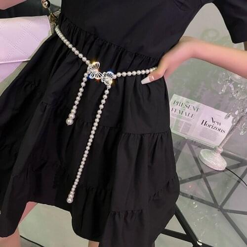 Retro court temperament design pearl chain belt diamond butterfly waist chain clothing versatile fashion waist accessories