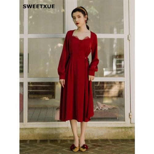 SWEETXUE Womens Retro Square Collar Red Dress Annual Party Elegant temperament Dresses Ladies