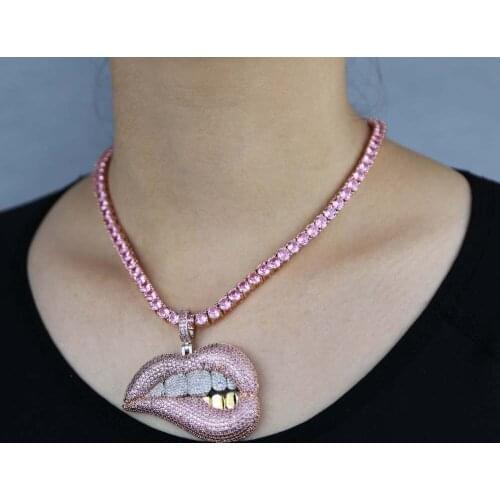 Women hip hop pendant necklace with pink white cz paved large lip mouth pendant necklace for party fashion new necklace 2020