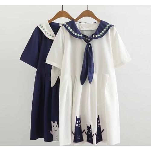 2019 Summer Loose Navy Short Sleeve Dress Japanese Girl Colorblock Embroidered Dress Harajuku College Doll Dress vestidos