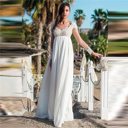 Long Sleeves V-Neck Wedding Dresses Chiffon Lace Appliques Backless Pregnant Custom Bridal Gowns Spring Vestidos De Mariee