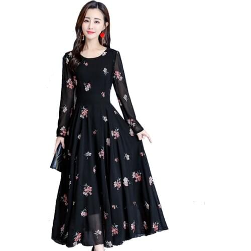 2020 spring new bohemian chiffon dresses womens fashion sexy long-sleeved embroidery round neck Plus size Female long dress