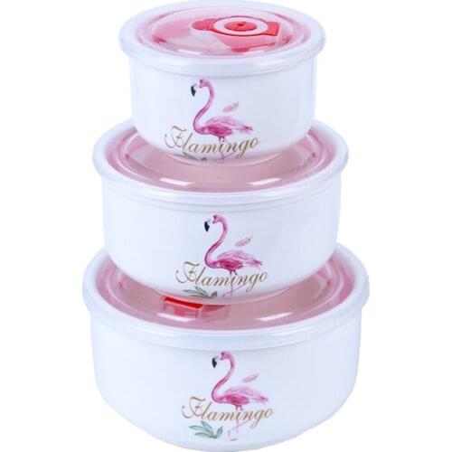 3pcs Sealing Box Crisper Retain Freshness Ceramic Bowl Bone China Mixing Bowl Crisper Instant Noodle Salad Microwave Oven Sealed
