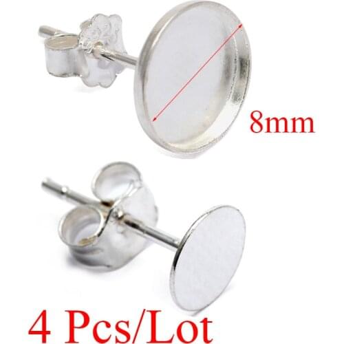4pcs 925 Sterling Silver Earring Settings Flat Base Base Cabochon 8mm Blank Round Stud Ear For DIY Pure Silver Earring Accessory