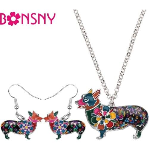 Bonsny Enamel Alloy Welsh Corgi Pembroke Dog Earrings Necklace Collar Cute Animal Jewelry Sets For Women Girls Pet Lovers Gift
