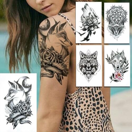 Black Geometric Wolf Temporary Tattoos For Women Men Peony Flower Fake Tattoo Sticker Mandala Henna Lion Coyote Tatoos Arm Hands