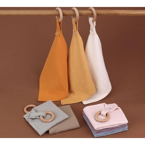Baby Bibs Cotton With Wooden Teether Newborn Snap Button Soft Triangle Towel Burp Cloths Soothe Appease Towel Sleeping Toy Gi