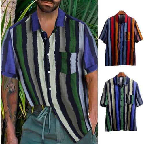 Hawaii Men Shirt Blouse Multicolor stripes Loose Short Sleeve Casual Buttons Cotton Beach Shirt Men camisas para hombre Oversize