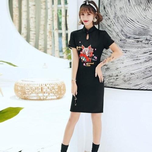 Short Cheongsam Black 2020 Fashion Summer Chinese Traditional Dress Elastic Party Qipao Plus Size Women Clothing Robe Orientale