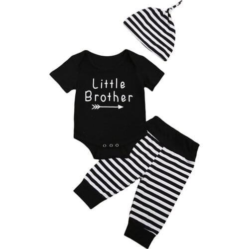Baby Suit 2017 Summer Newborn Baby Boy Letter Bodysuit+ Striped Pants +Hat 4pcs Cotton Clothes Outfits Size 0-24M