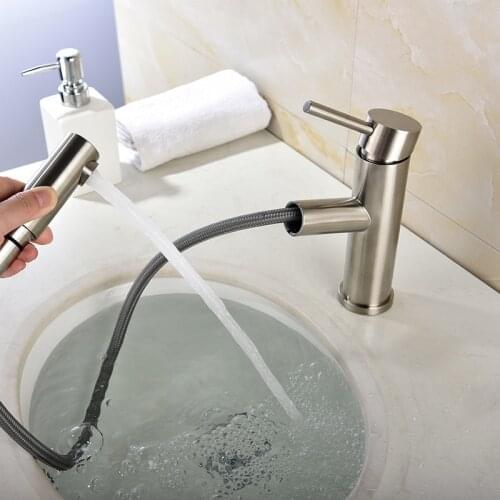 Brushed Pull Out Bathroom Basin Sink Faucet Mixer Tap Cold & Hot Basin Faucet