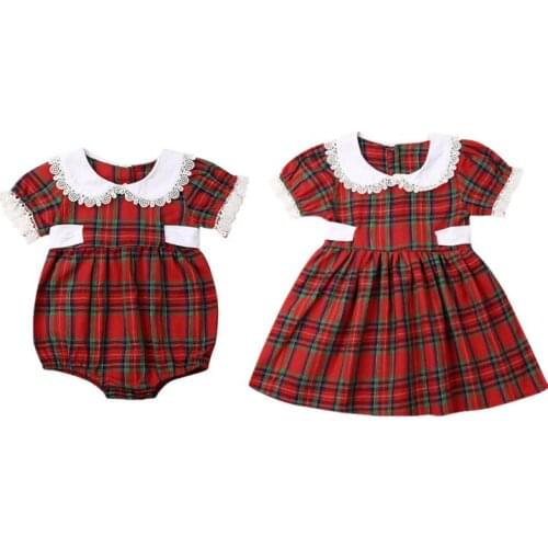 2019 Sweet Kid Baby Girl Xmas Sister Matching Clothes Lace UP Short Sleeve Romper Lace Dress Outfits
